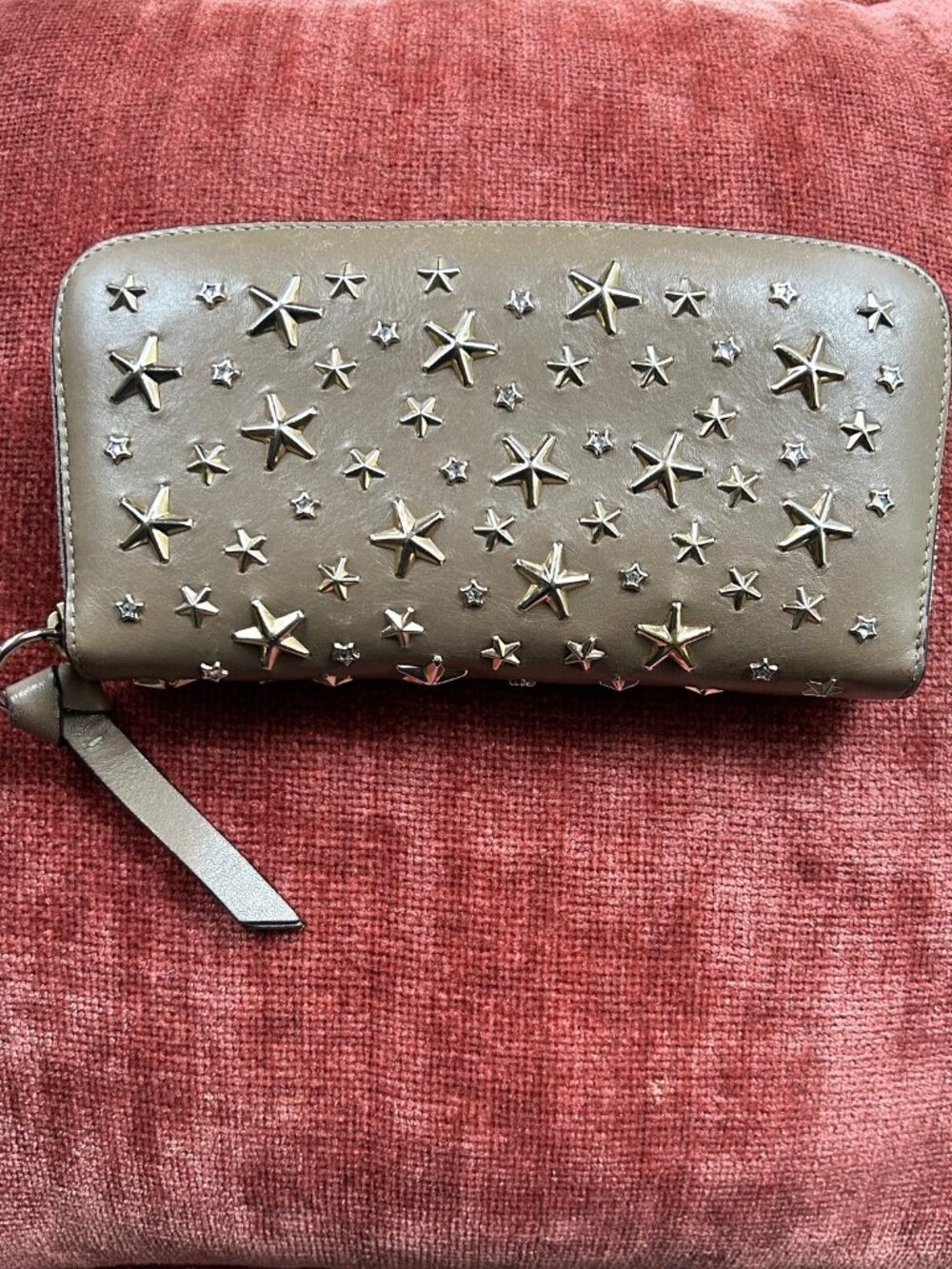 JIMMY CHOO Filipa Star Studded Rhinestone Wallet Taupe Tan